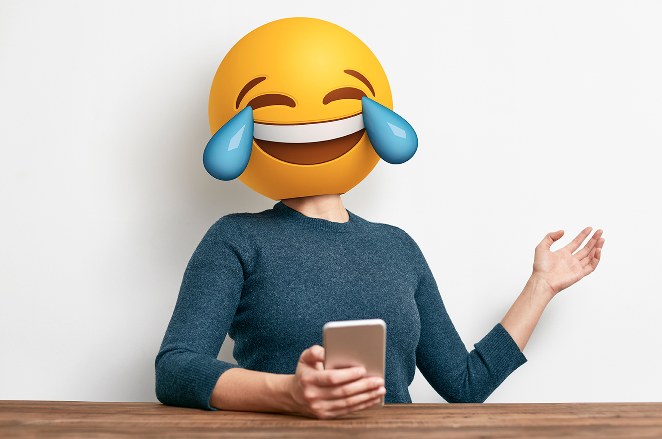 Image of using comedy In advertising, an emoji laughing at the humor used in advertising